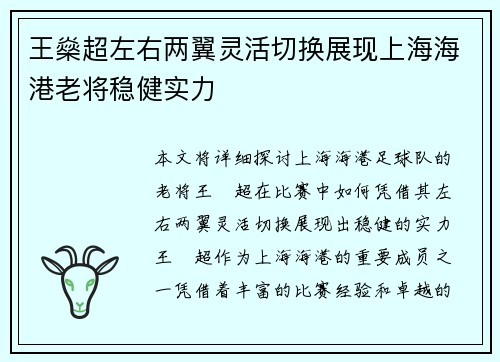 王燊超左右两翼灵活切换展现上海海港老将稳健实力
